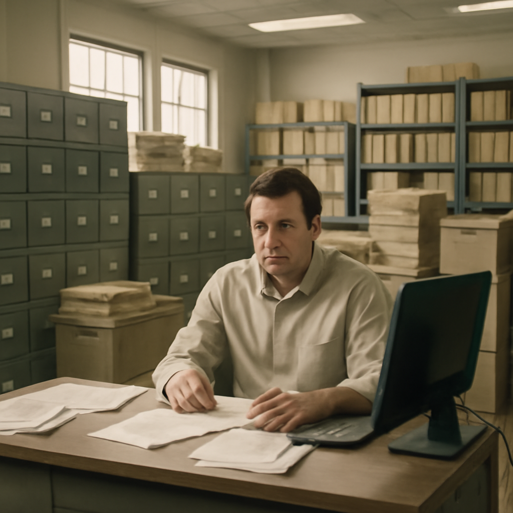 Federal agency records office with filing cabinets and a desk, laptop, and scattered papers.
