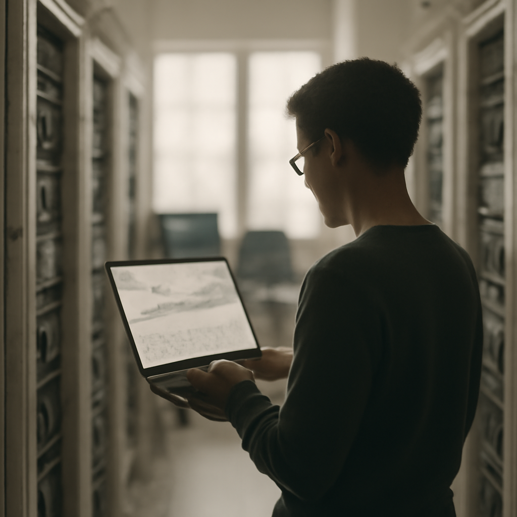 Person stands amidst rows of computer servers and data storage units in a quiet, softly lit data center.