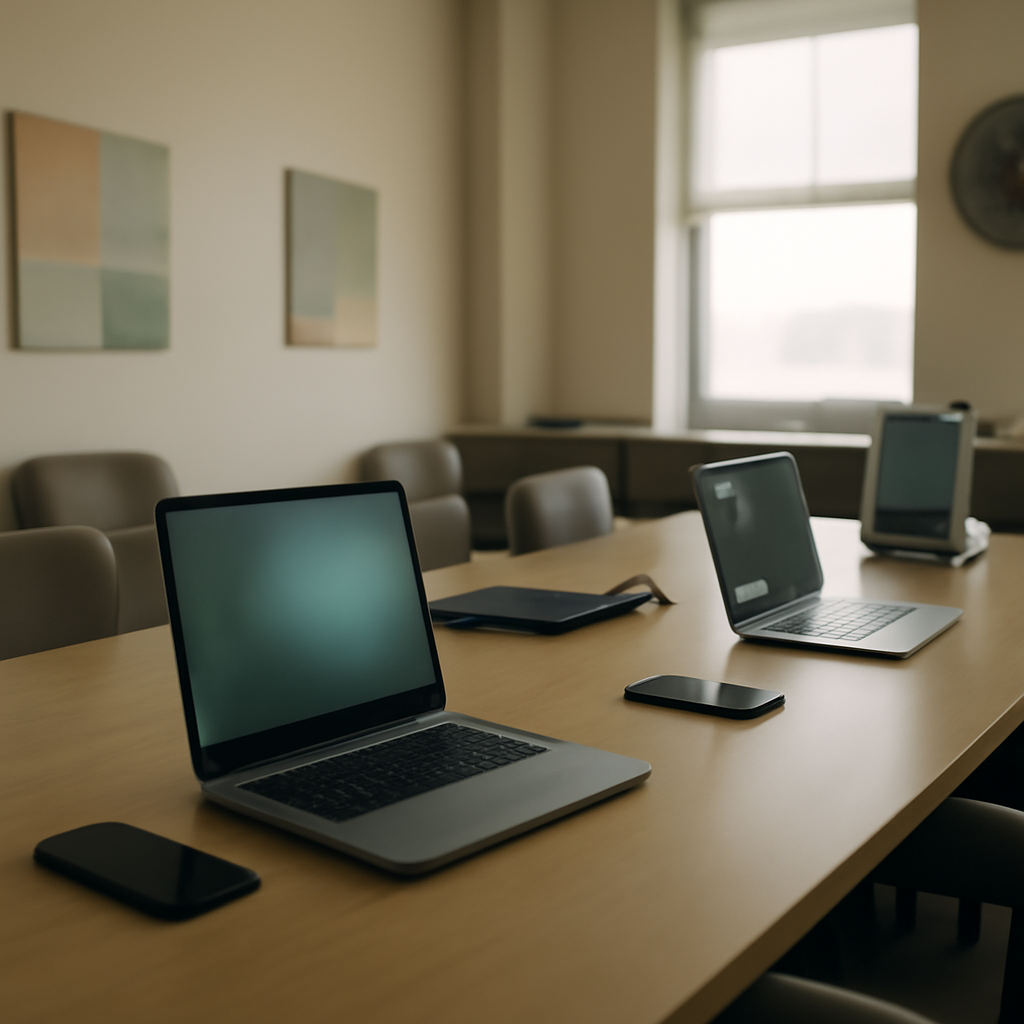 Modern office interior with laptops, smartphones, and legacy tech on a conference table near a window.