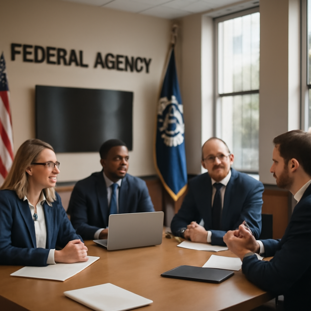 Federal agency meeting room with diverse group seated around table under soft daylight.
