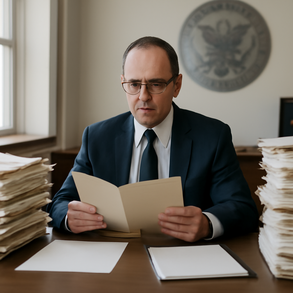 GAO investigator surrounded by paperwork at a desk in a formal office.