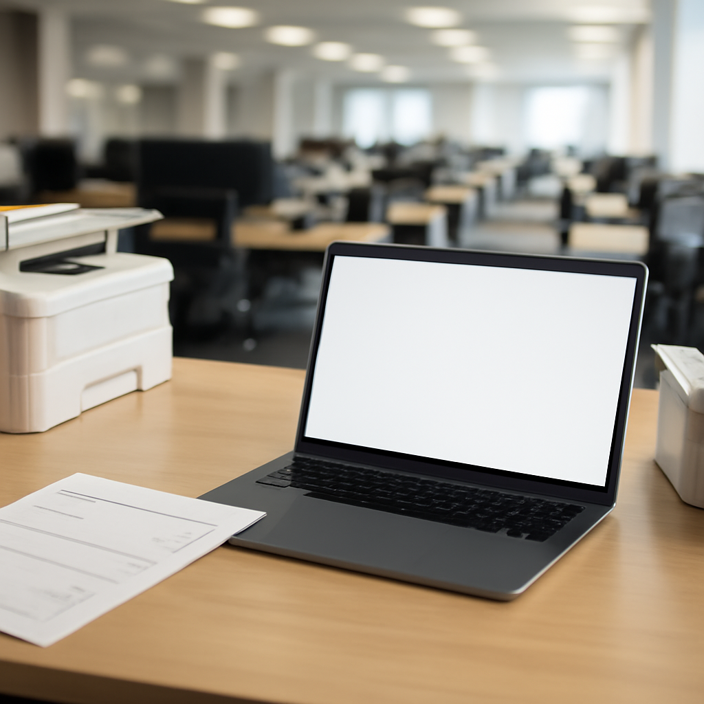 Modern office workstation with laptop, papers, and printer in background.