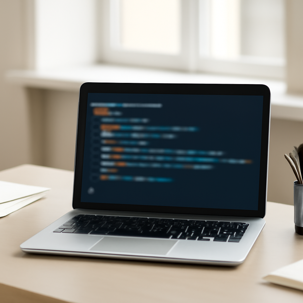 Laptop screen on a clutter-free desk in an office setting displays blurred code.