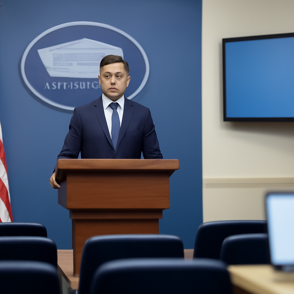Government briefing room with podium, chairs, and large screen.