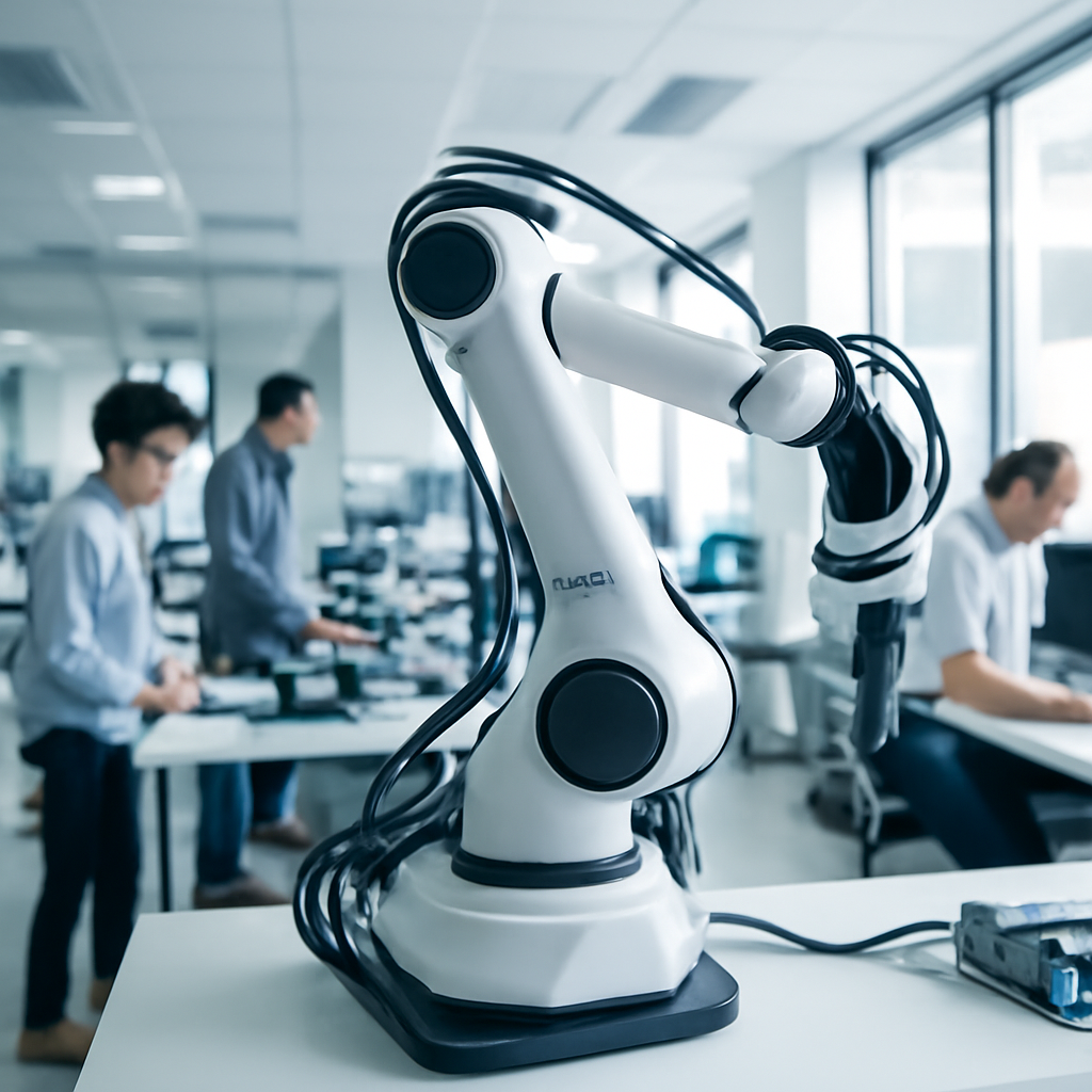 People work in a modern lab with a futuristic robotic arm in the foreground.