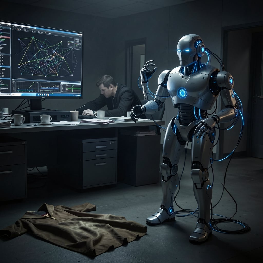Security operations center monitor displays complex network with lone figure slumped over console, robotic entity in…