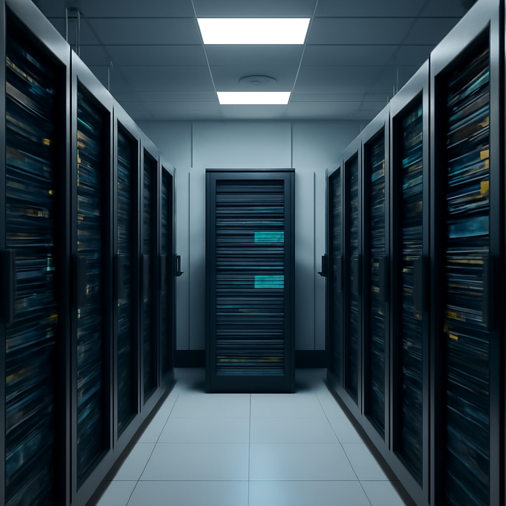Rows of computer servers and network equipment in a modern data center, with one server highlighted.