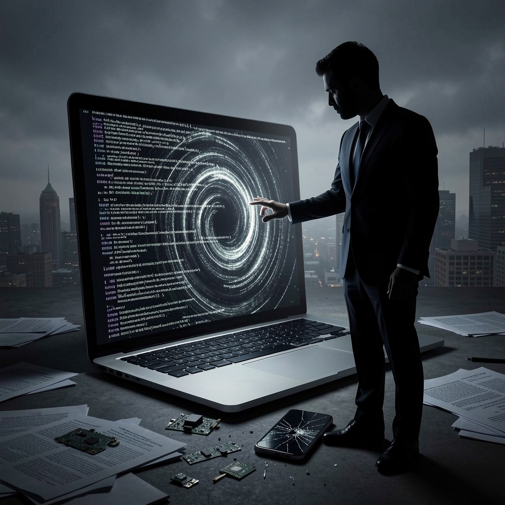 Person in suit reaches out to touch ominous laptop screen displaying swirling code.