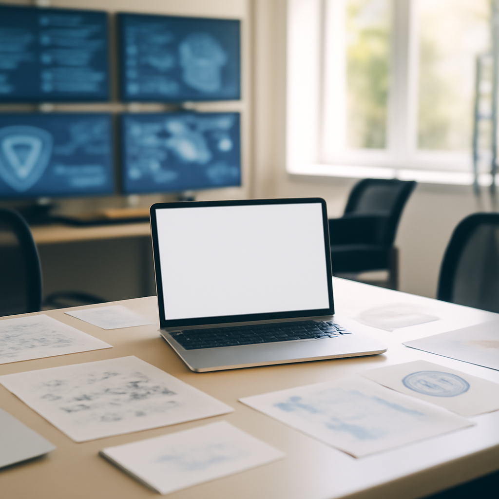 Cybersecurity team workspace with notes and diagrams surrounding a laptop.