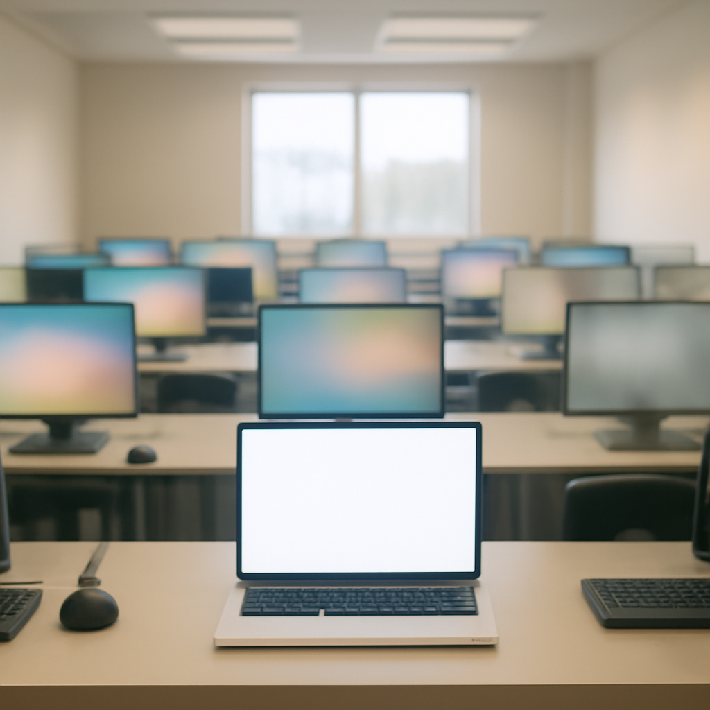 Empty cybersecurity operations room with screens displaying abstract patterns, except for one open laptop.