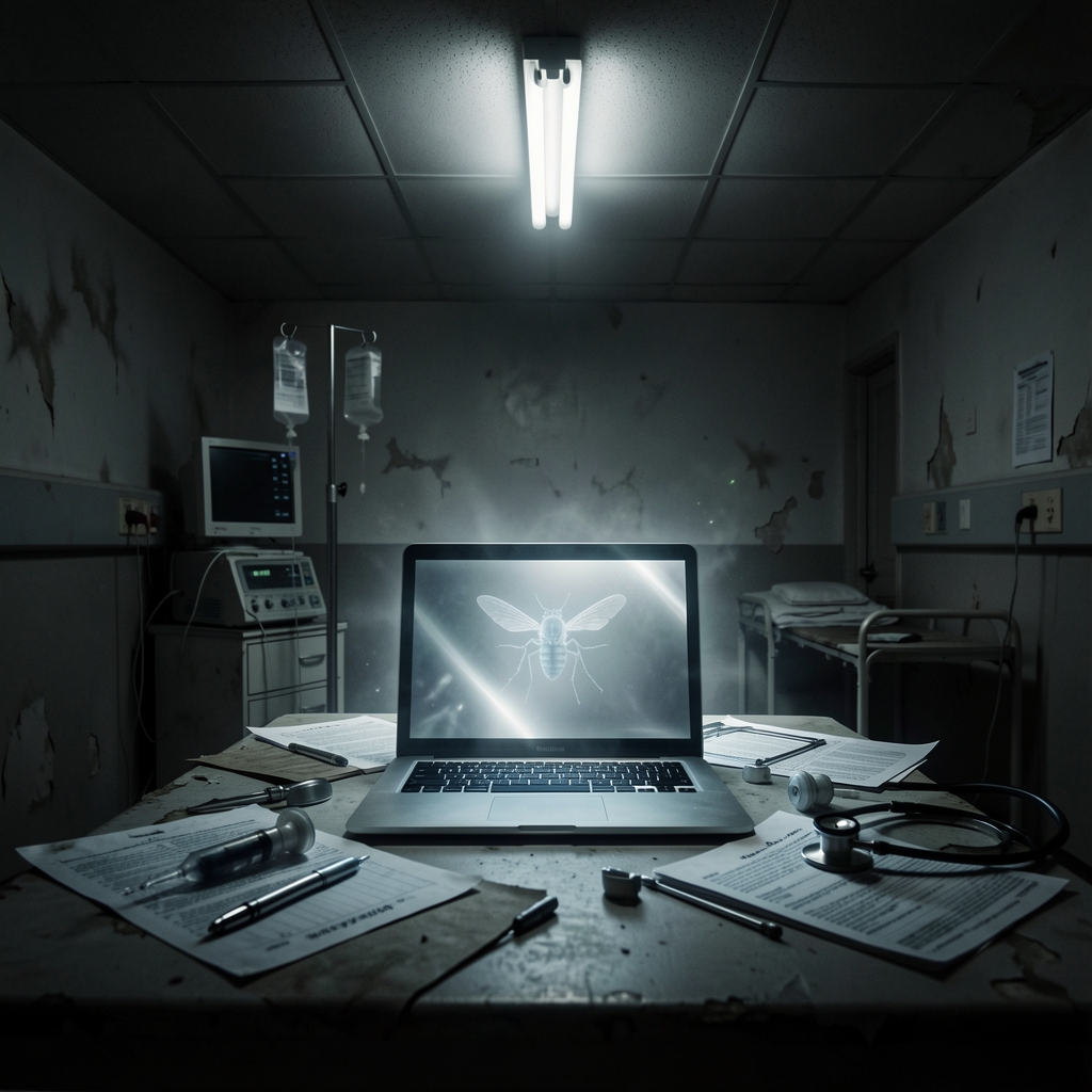 Dimly lit hospital room with laptop screen glowing amidst scattered medical files and broken equipment.