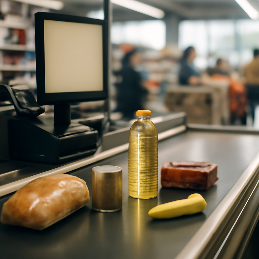 Grocery store checkout lane with scattered items and cashier workstation in background.
