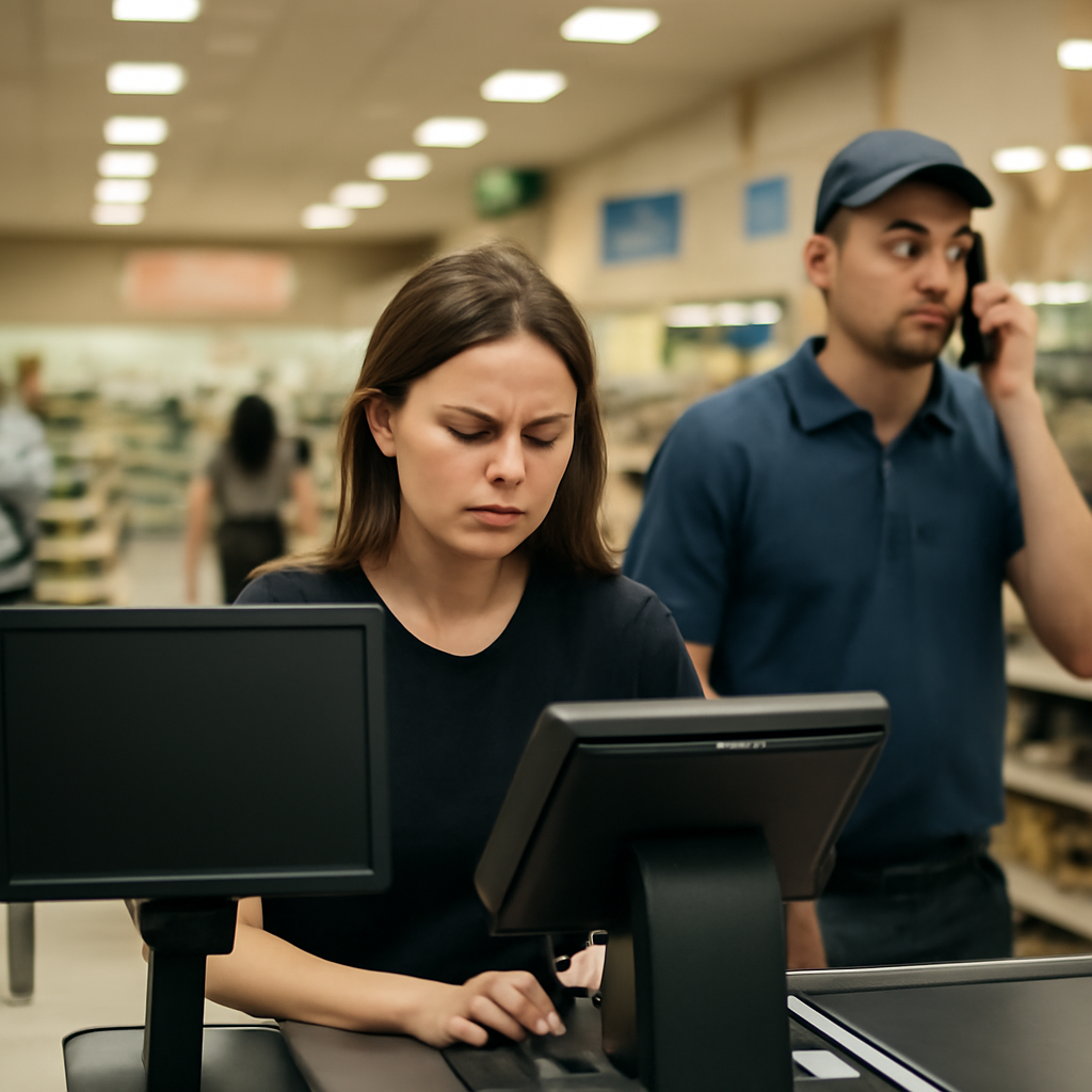 Grocery store checkout lane with paused transaction and concerned cashier.