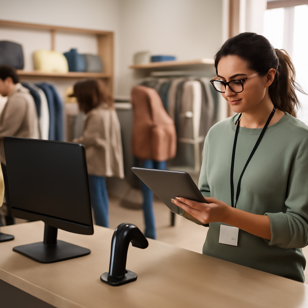 Retail store interior with customers, empty checkout screen, and employee on tablet.