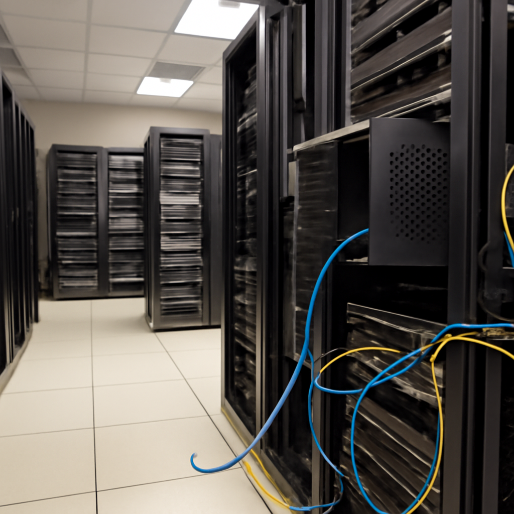 Server room with rows of computer servers and storage equipment, one server showing signs of tampering.