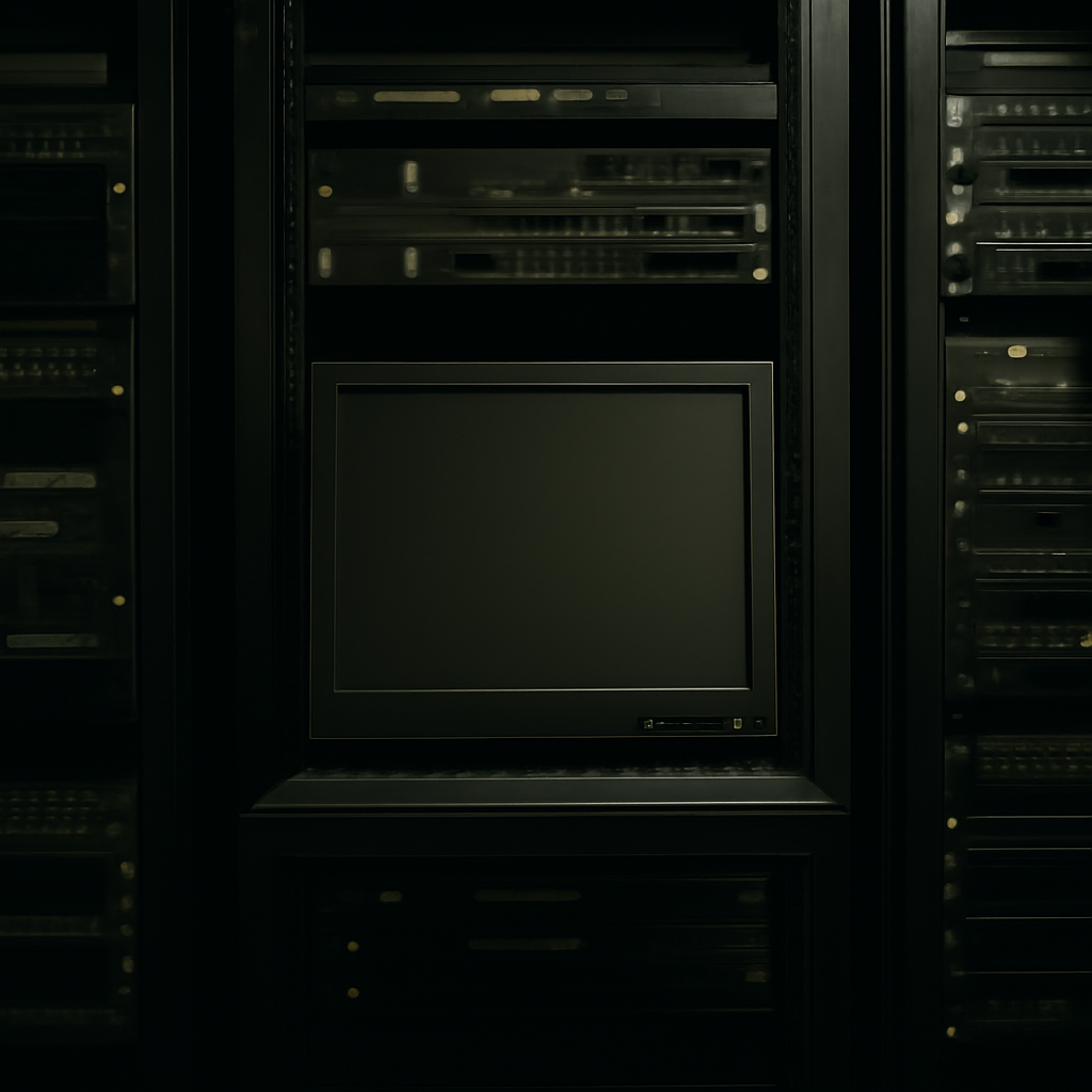 Dimly lit server room with rows of rack-mounted equipment and a single unoccupied server.