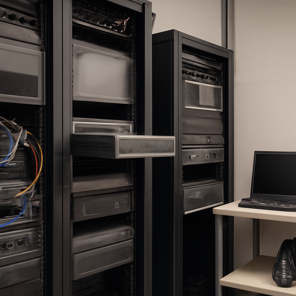 Server room interior with rack-mounted servers, one partially pulled out, showing exposed cables and blank screens.