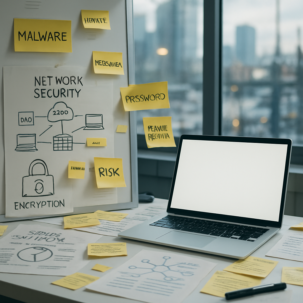 Cluttered desk with laptop and cybersecurity notes in a brightly-lit corporate or research setting.