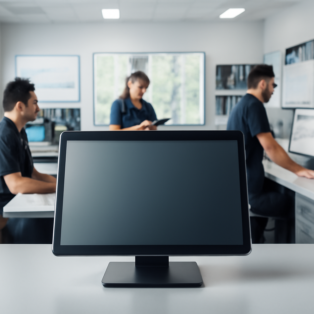 Workers in a logistics center access data on screens, surrounded by maps and equipment, with a large touchscreen display in…