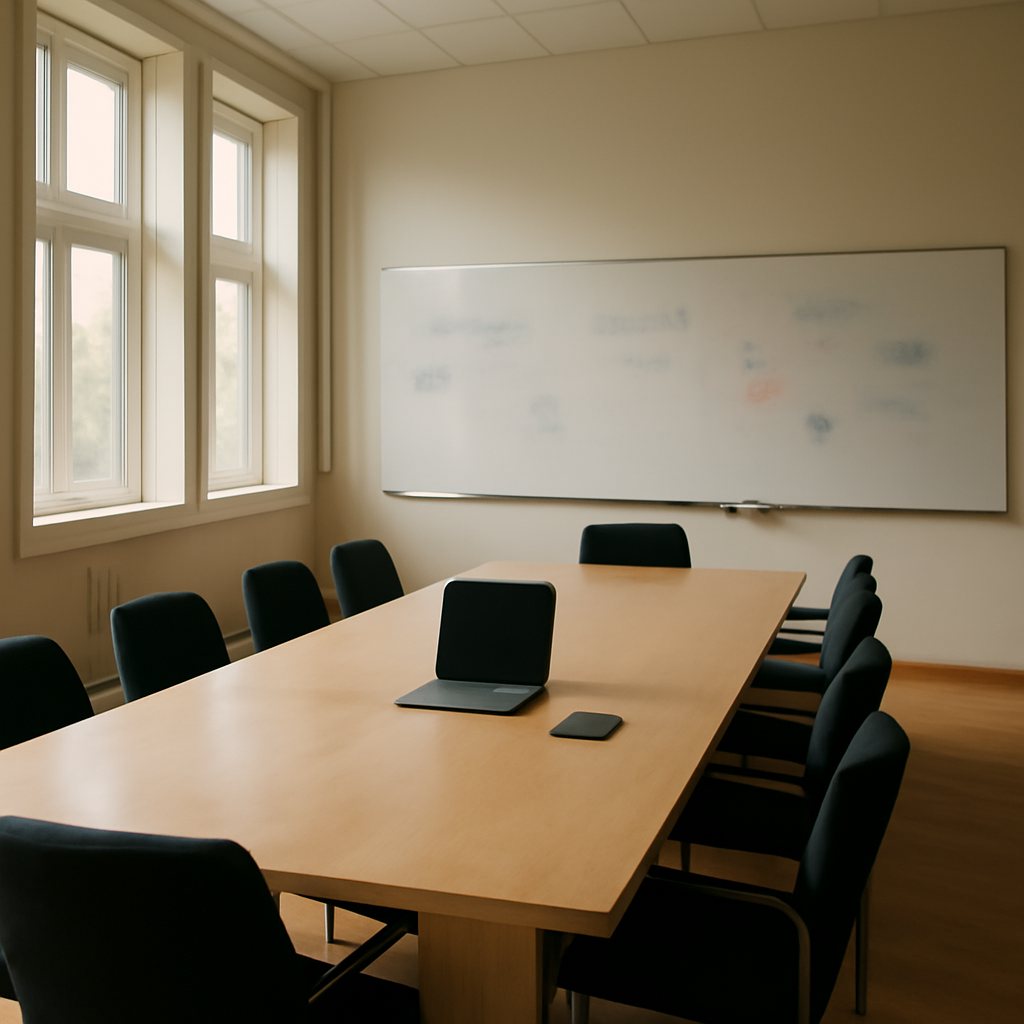 Empty conference room with long wooden table, chairs, and whiteboard, bathed in natural daylight.