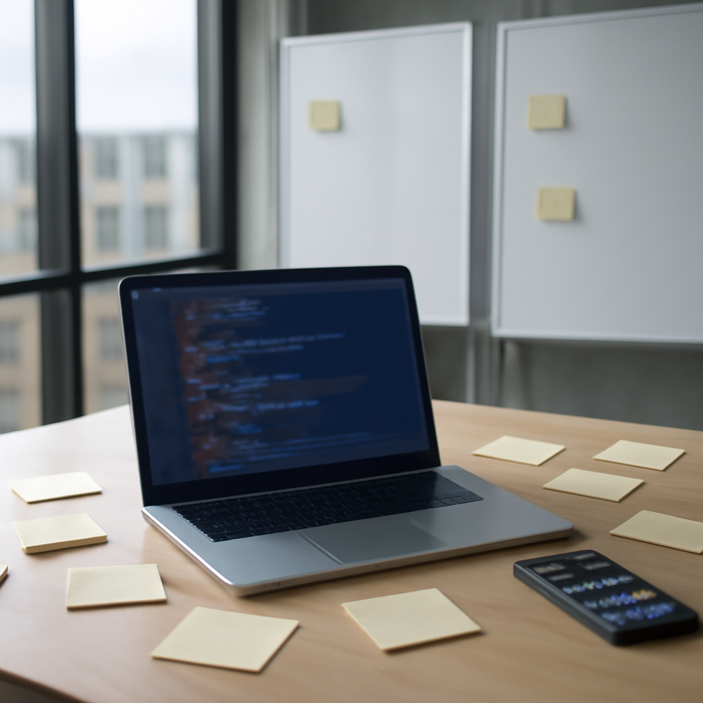 Developer workspace with laptop, notes, and smartphone, showing blurred code on screen.