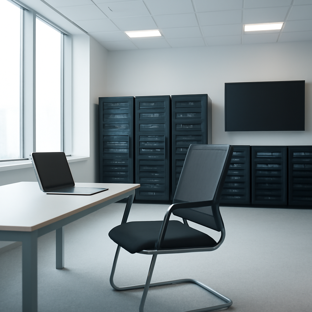 Modern office interior with computer servers and empty workstations near a window.