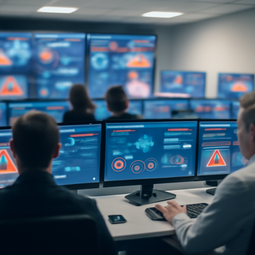 Security analysts work at desks surrounded by multiple screens displaying alerts and data visualizations.