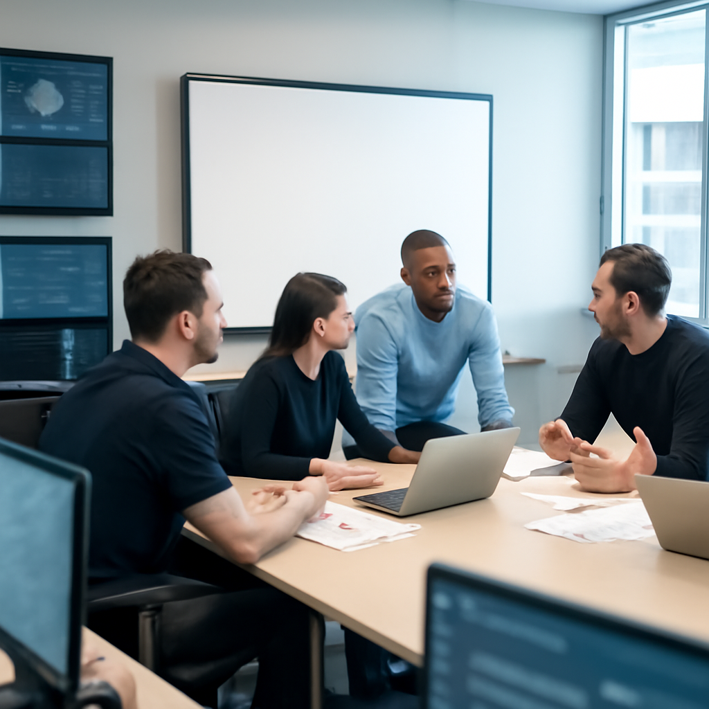 Security analysts collaborate around a large screen and conference table in a brightly lit operations center.