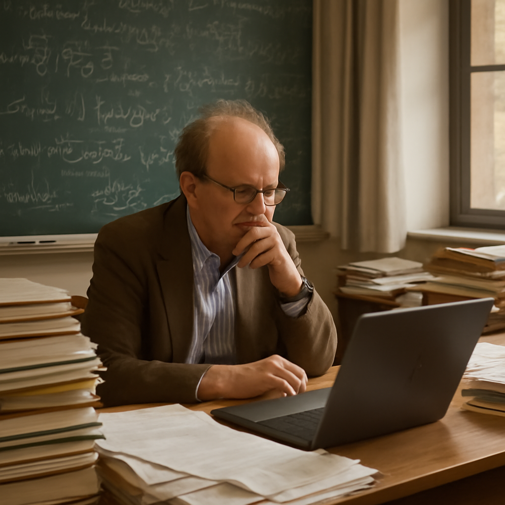 Mathematician working at cluttered desk with laptop and chalkboard equations.