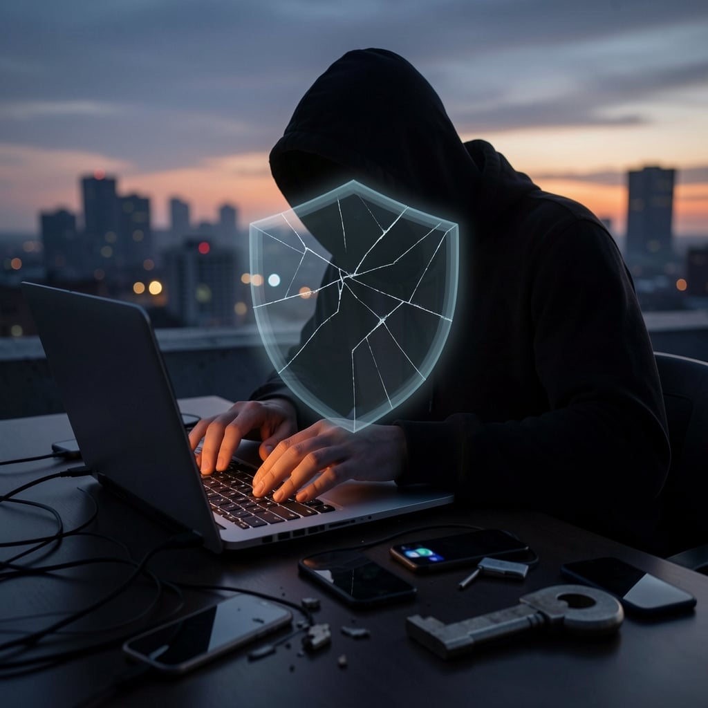 A lone figure hunched over a laptop surrounded by smartphones, with a cityscape background and a cracked shield…