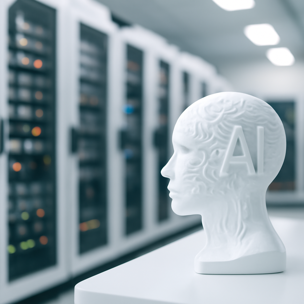 Rows of computer servers and networking equipment with a futuristic AI model representation in the foreground.