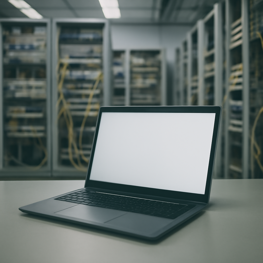 Server room with rows of computer equipment and cables, one isolated laptop in the foreground.