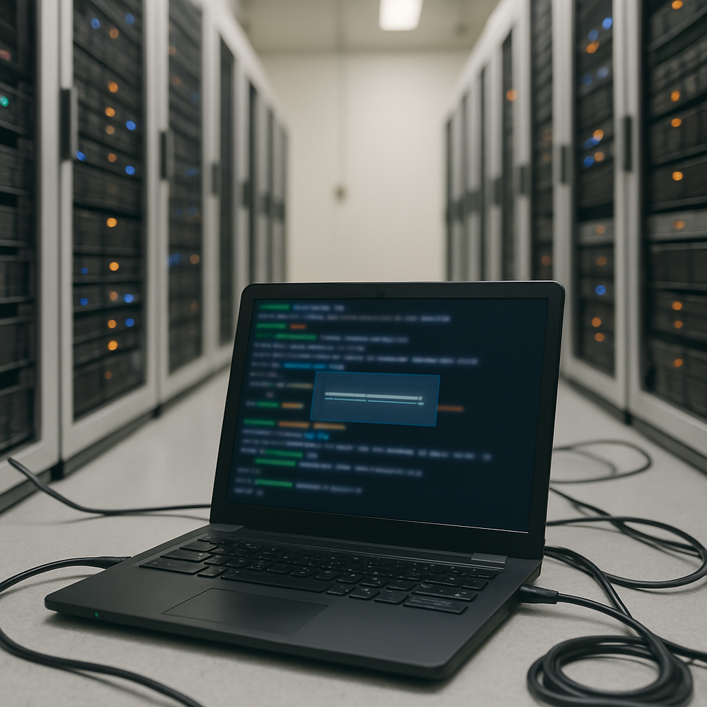 Server room with rows of equipment and a laptop displaying code, surrounded by scattered cables.