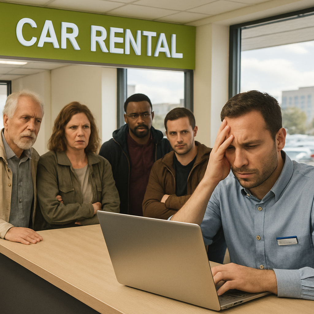 Staff member looks concerned at laptop while customers wait at car rental office counter.