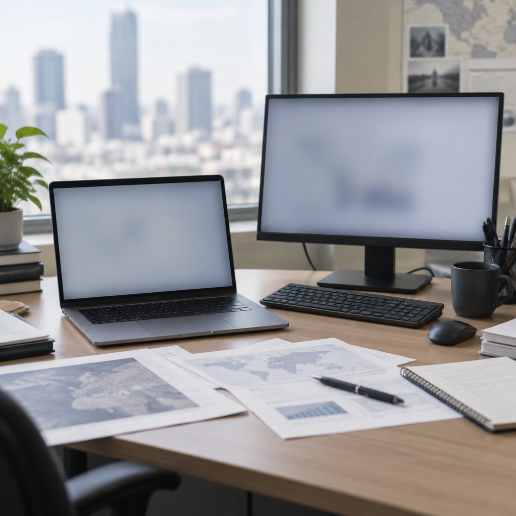 Cluttered office desk with laptop and monitor, blurred cityscape through window.