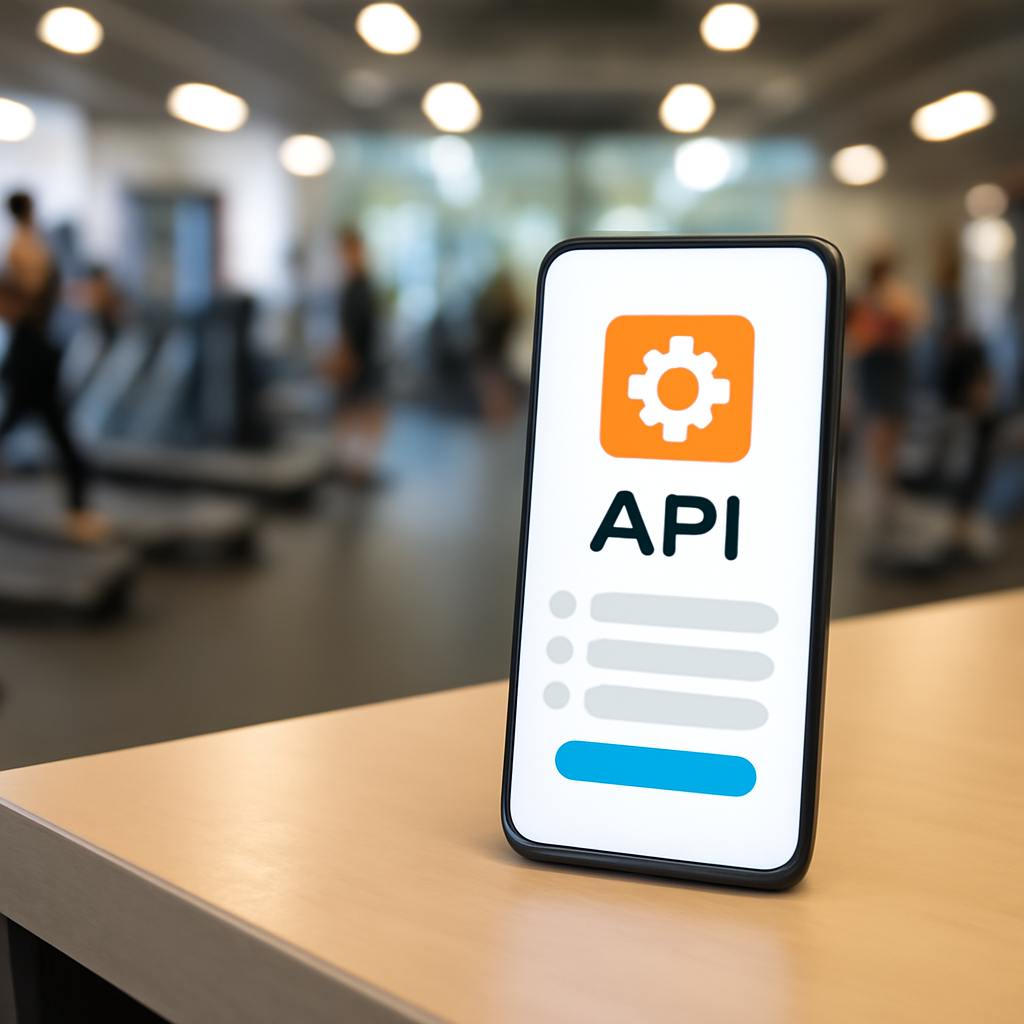 Smartphone on gym reception desk shows API interface with blurred fitness center background.