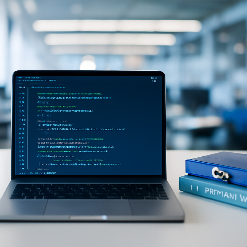 Laptop screen displays code editor with blurred background of software development facility.