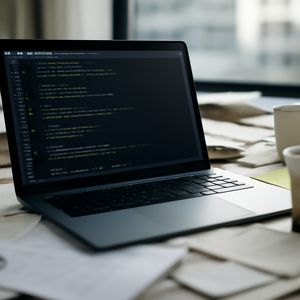 Laptop screen displays code on cluttered desk with papers and coffee cups nearby.