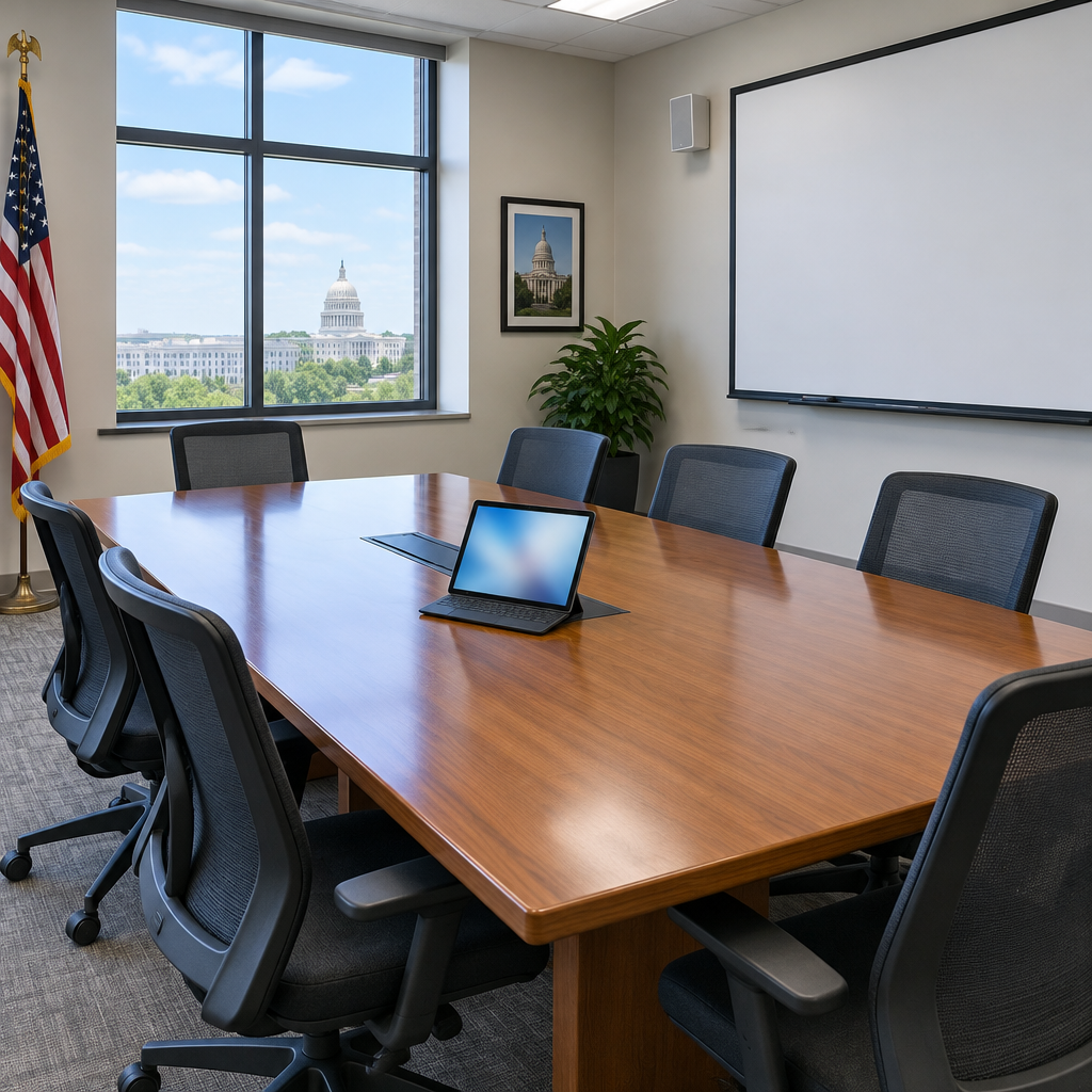 Empty incident response meeting room with laptop and blank whiteboard.