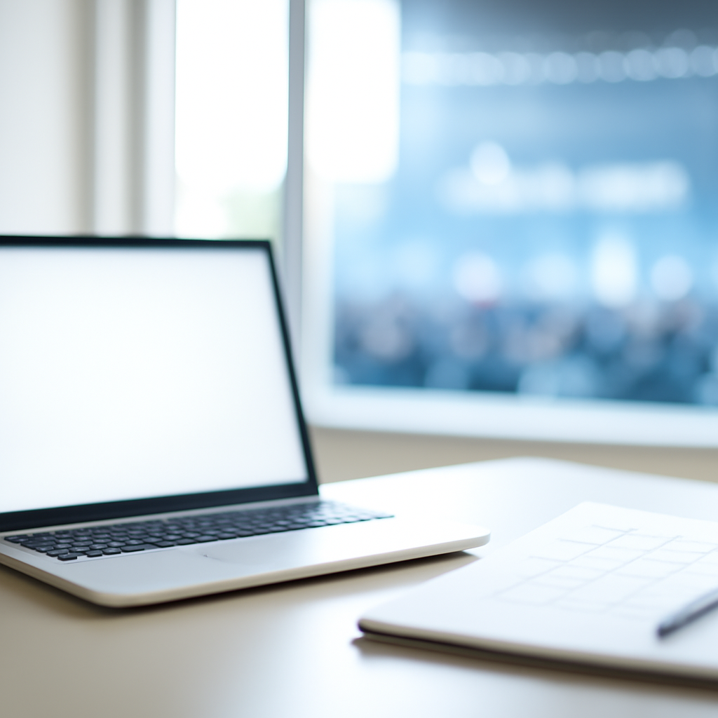 Laptop on a minimalist desk with blurred screen and notes nearby.