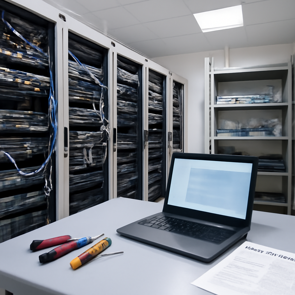 Modern office server room with rows of computer servers and networking equipment.