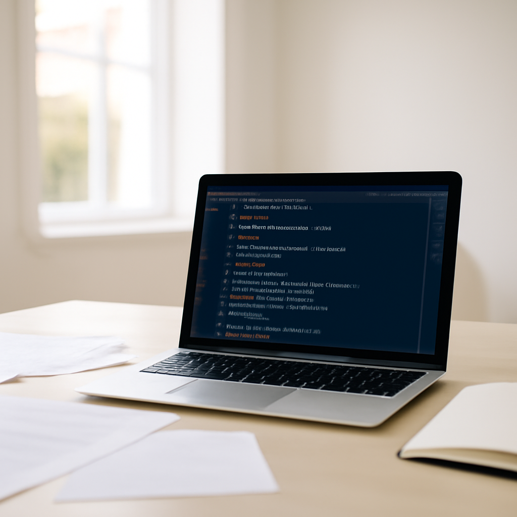 Laptop screen displays code on a desk with papers and notebook in a minimalist room.