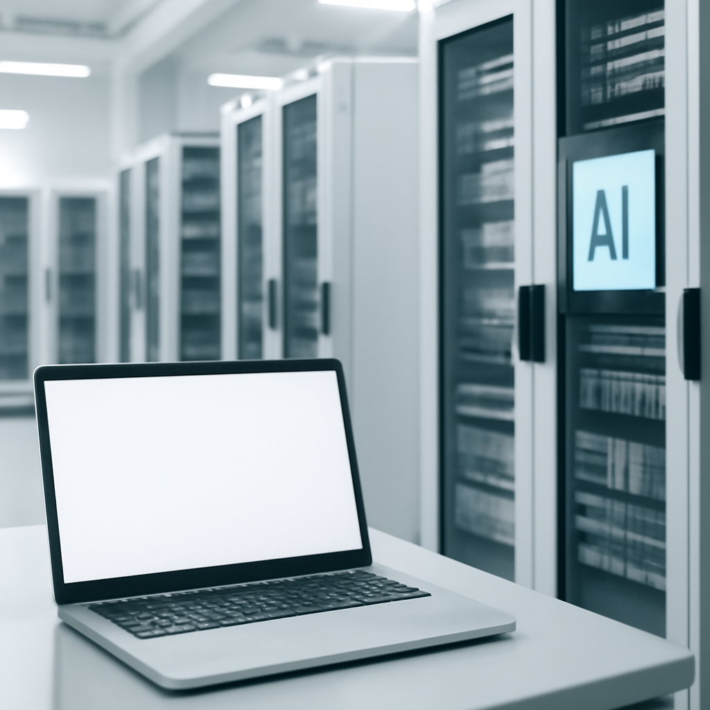 Rows of computer servers and storage systems in a brightly-lit clean-room setting.