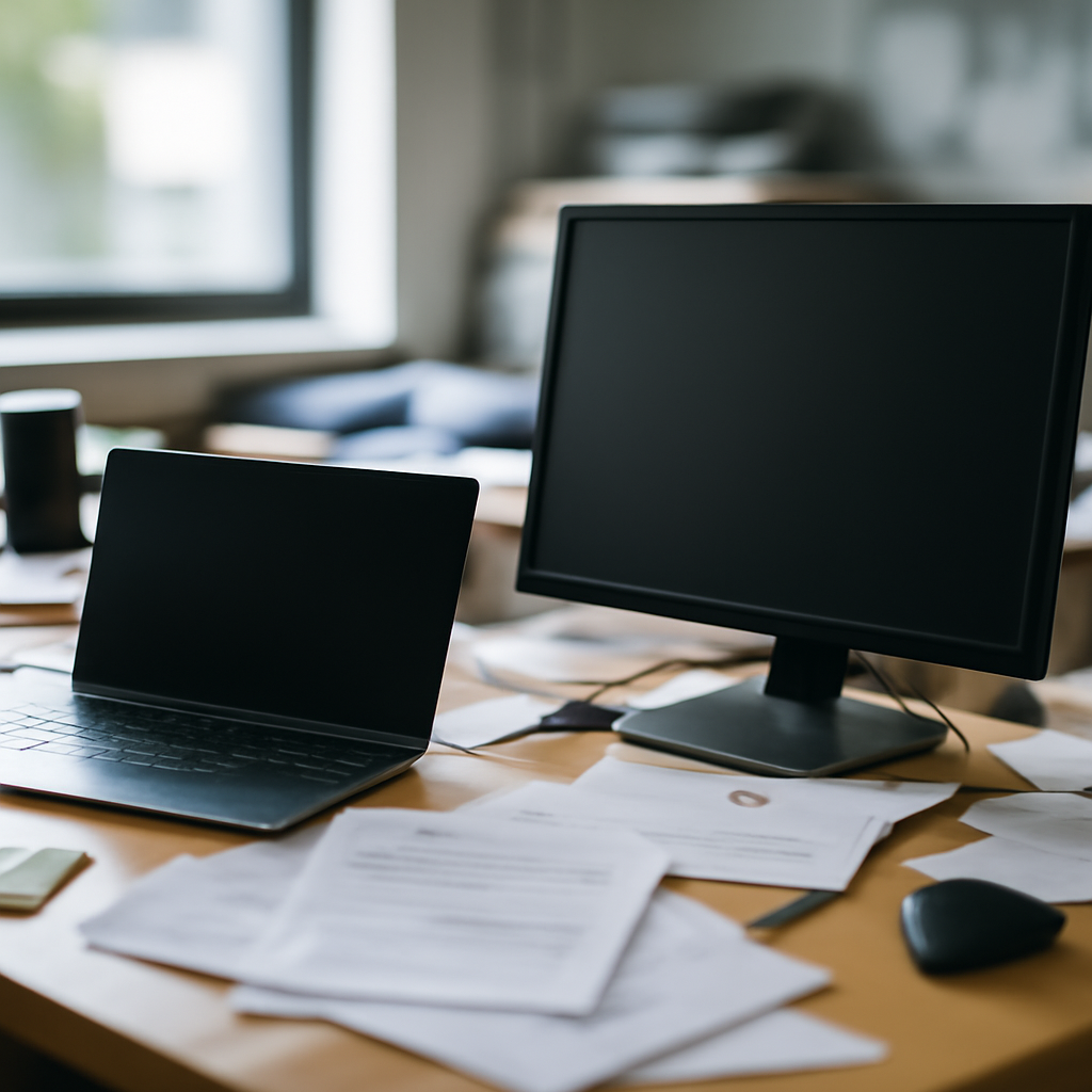 Cluttered office workstation with laptop, monitor, and scattered papers.