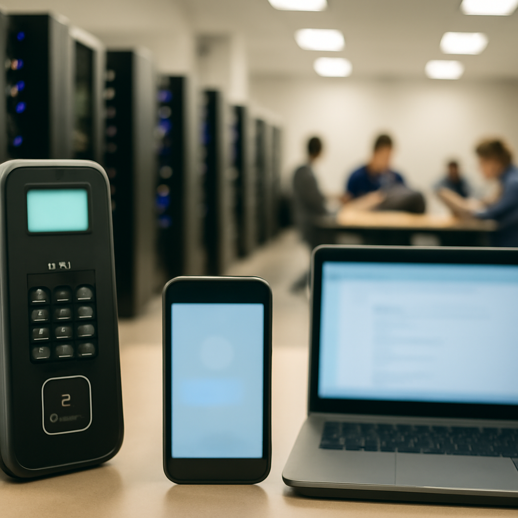 Rows of computer servers and networking equipment in a brightly-lit, open office space or server room.