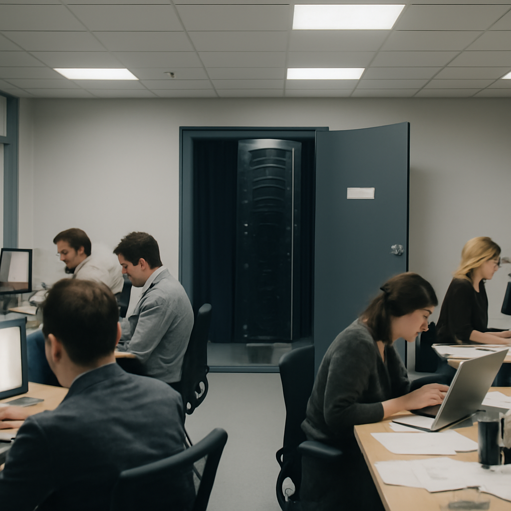 Modern office interior with employees working at computer workstations and a partially open server room door in the…