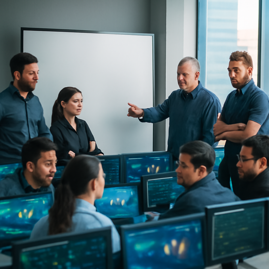 Security team gathered around a blank screen, showing concern, in a brightly-lit operations center.