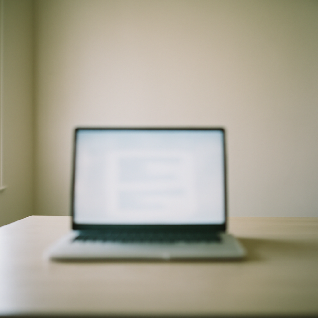 Blurred laptop on minimalist desk in neutral room conveys vulnerability.