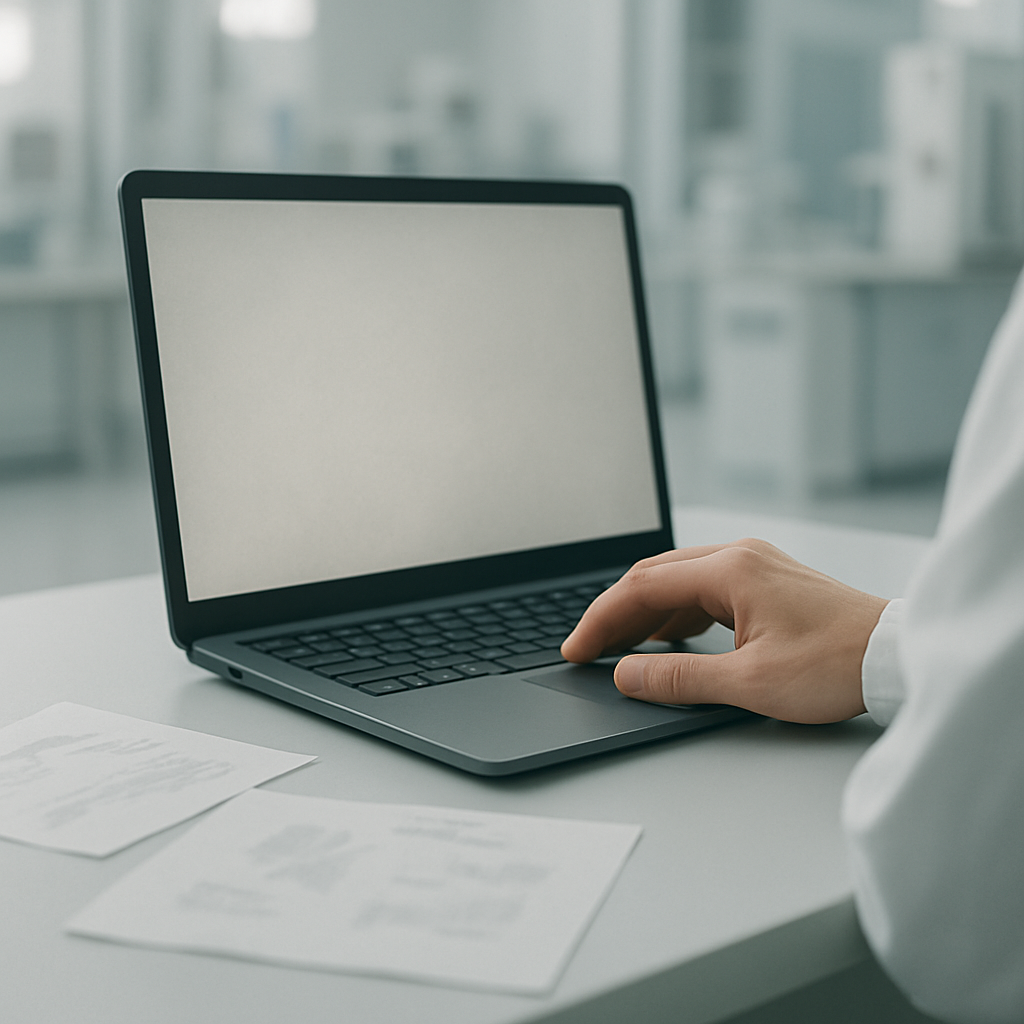 A computer workstation with a blank laptop screen and scattered papers in a neutral background.