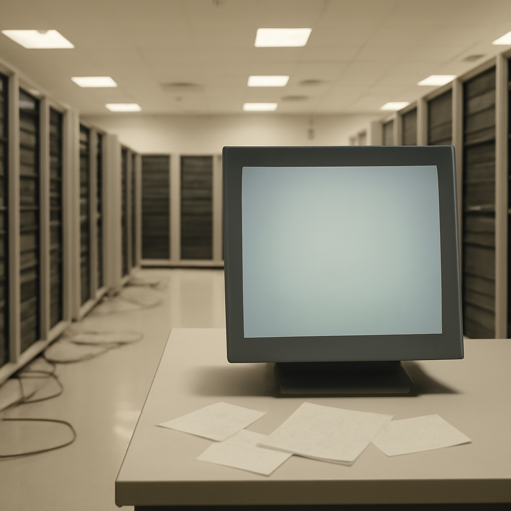 Server room with rows of equipment and a single terminal screen in the foreground.